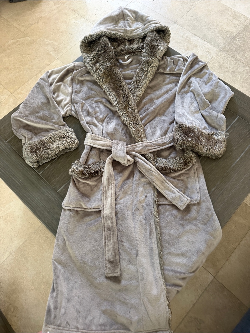 Pottery Barn Plush Hooded Robe with Faux Fur Trim - Gray